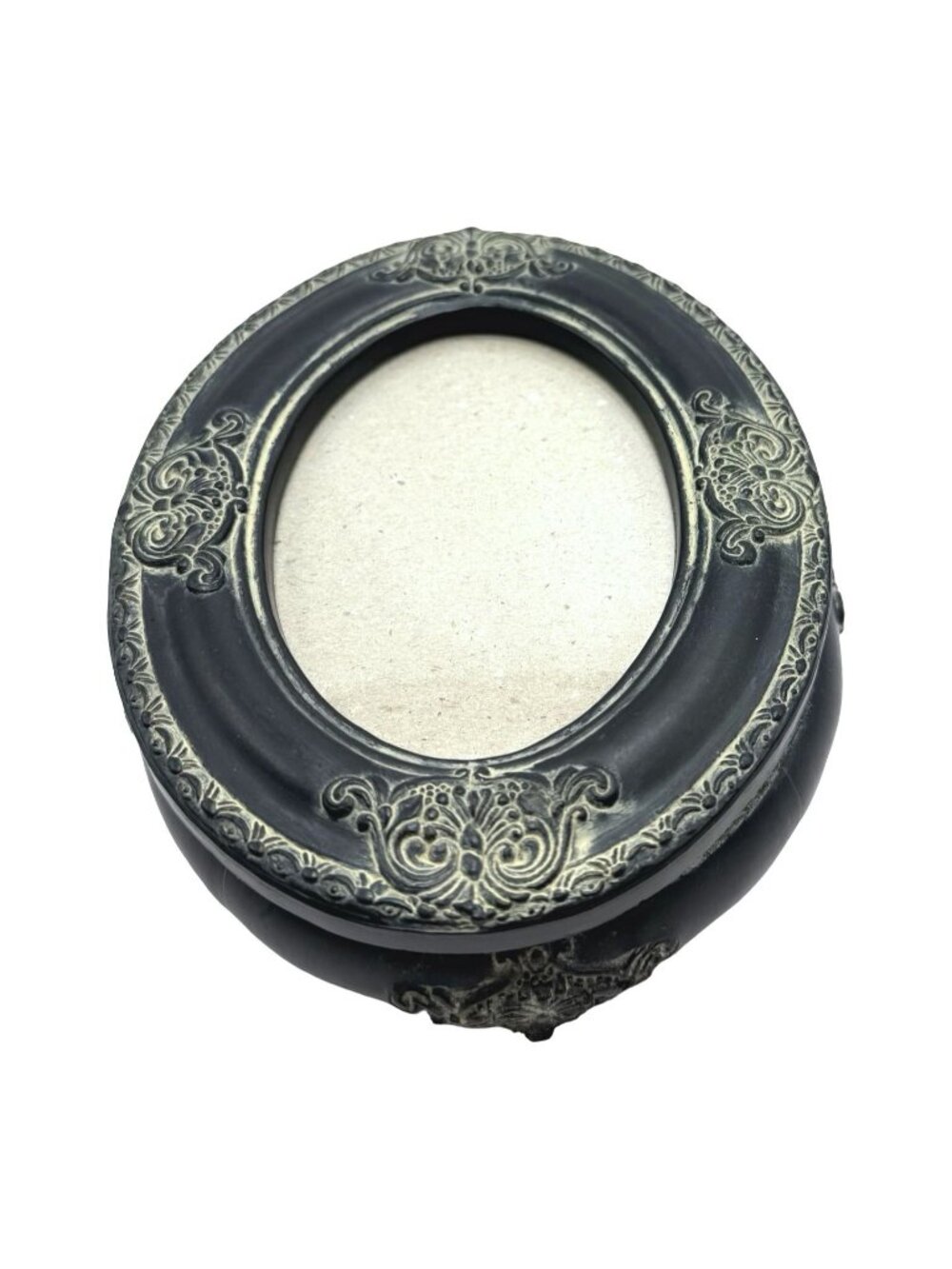 Vintage Black Oval Picture Frame Trinket Box Ornate Detailing, Velvet Interior